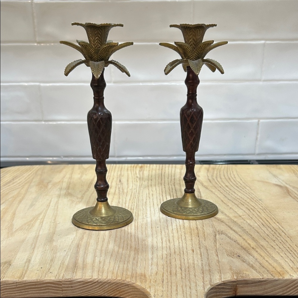 Elegant Brass and Wood Candle Holders